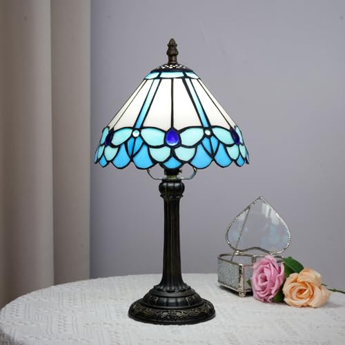 Tiffany Lamp Little Blue Butterfly Style Stained Glass Reading Lamp 8X8X14 Inch Bedroom Bedside Nightstand Night Light Home Office Desk Lamp with LED Bulb