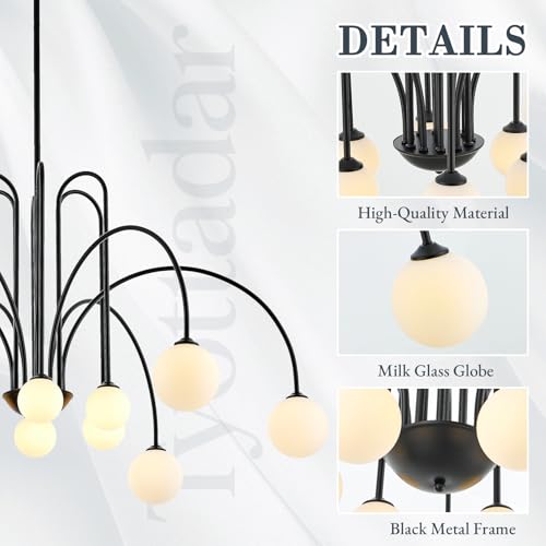 12 Light Large Black Sputnik Chandelier L52’’ Large Mid Century Pendant Light Fixture with Milk Glass Globe Shades Luxury Foyer Chandelier for High Ceiling Staircase Living Room Dining Room