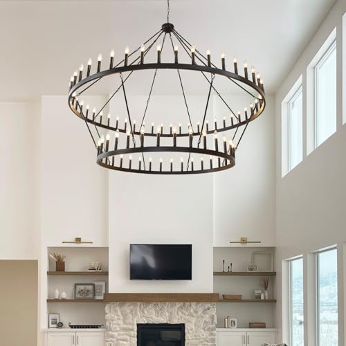 2 Tier Wagon Wheel Chandelier 80" Large Chandeliers for High Ceilings
