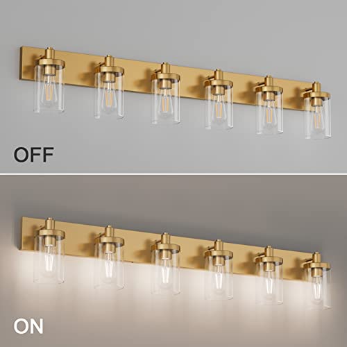 Gold Bathroom Vanity Light Farmhouse Vanity Lighting Fixtures 6 Light 48in Bathroom Light Fixtures with Clear Glass Shade