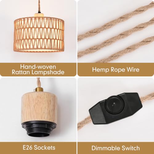 Rattan Plug in Pendant Boho Hanging Lamp with Dimmer Switch Woven Light Fixture Small Chandelier Ceiling Light with Plug in Cord for Bedroom Living Room Kitchen Island