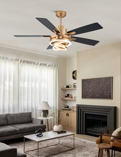 52" Black and Gold Ceiling Fans with Lights Modern Chandelier Fan
