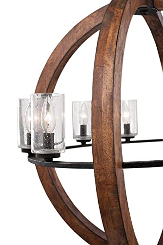 Grand Bank 30" 8 Light Chandelier with Clear Seeded Glass in Auburn Stained Wood and Distressed Black Metal