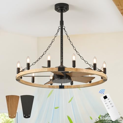 Natural Wooden Wagon Wheel Chandelier Fans 12