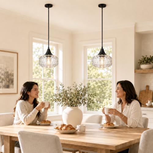 DSMJFU Black Pendant Lights Kitchen Island with Hammered Glass Over Table