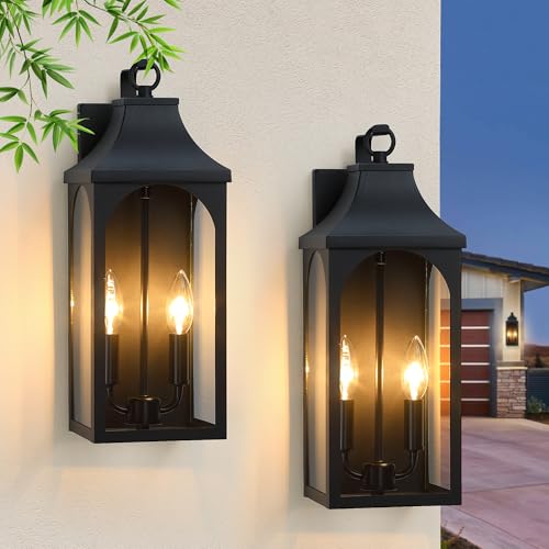 17-Inch 2-Light Outdoor Porch Wall Lantern, Black Exterior Light (2 Count)