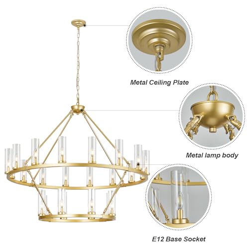 48 Inch Large Gold Wagon Wheel Chandelier with Clear Glass Shade 2 Tier 24
