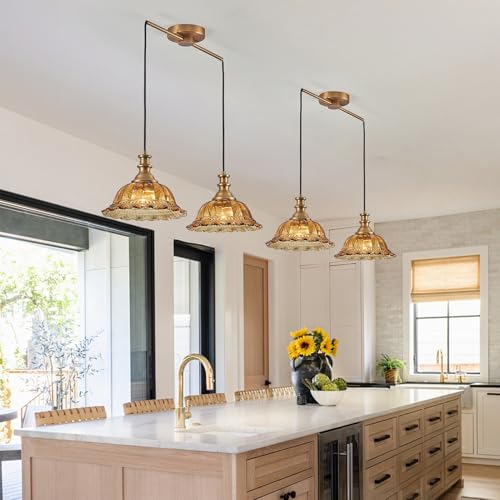 Vintage 2 Light Pendant Light Fixtures Modern Brown Glass Hanging Lighting with Adjustable Cord for Kitchen Island Dining Room Living Room Hallway (2 Count)