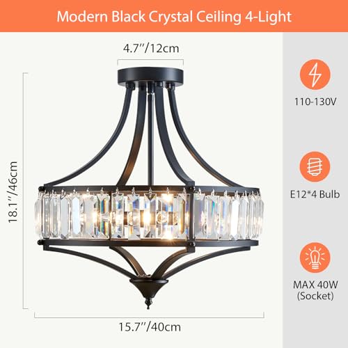 Black Crystal Chandelier Semi Flush Mount Ceiling Light Fixture Round Rustic Farmhouse 4