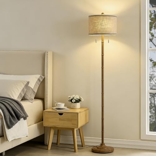 Upgraded 2 Light Mid Century Floor Lamp for Living Room (Walnut)
