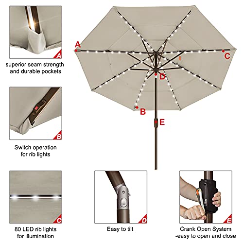 USA 10-Year-Non-Fading 9ft 3-Tier Market Patio Umbrella, Commercial Table Umbrella with 80 Solar LED Lights, Crank Open, Windproof & UPF 50+ UV Protection for Garden, Deck, Pool, Backyard, Antique Beige