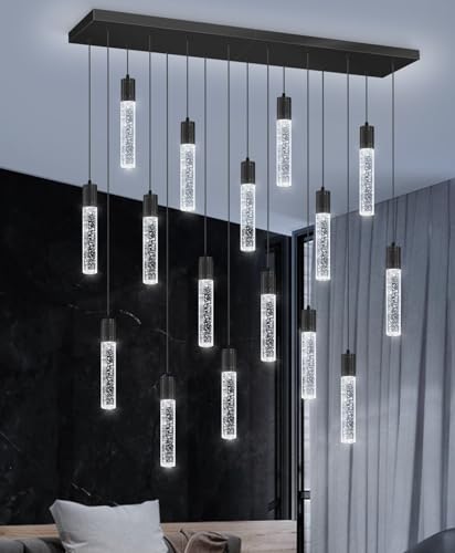 16 Lights Modern Crystal Rectangular Chandeliers LED Pendant Light for Kitchen Island High Ceiling Chandelier for Dining Room Entrance Foyer Living Room Black