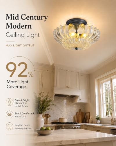 Semi Flush Mount Ceiling Light Fixture 11.8" Vinatge Black Ceiling Lights Mid Century Modern Clear Glass Close to Ceiling Lighting Fixtures for Bedroom Hallway Foyer Bathroom Kitchen Entryway