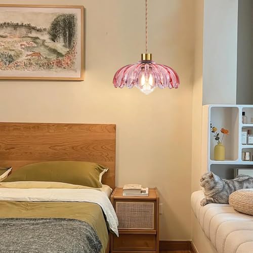 Pink Plug in Pendant Light Glass Hanging Lights with Plug in Cord Boho Hanging Lamp Gold Mid Century Modern Vintage Dimmable Flower Plug in Chandelier Ceiling Fixture for Living Room