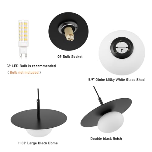 Modern Globe Pendant Lighting Set of 2 Milky White Glass Shade Matte Black Farmhouse Pendant Light 11.81" Dome Industrial Hanging Ceiling Light Fixture Kitchen Island Dinning Room Bedroom (2 Count)