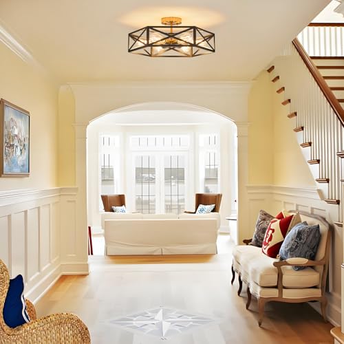 Black and Gold Modern Farmhouse Semi Flush Mount Ceiling Light 19.7 in