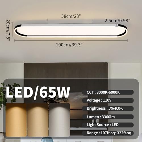 Modern LED Ceiling Light Dimmable Linear Ceiling Light 39.4in Semi Flush Mount Long Lights with Remote Control and Down Lighting for Living Room Kitchen Dining Room Black & Silver
