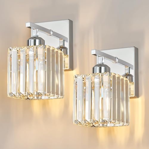 Modern Wall Sconces Set of Two Indoor Wall Lamp Chrome Wall Sconce Crystal Wall Light Bathroom Vanity Light Fixtures Wall Mounted Room Sconce Wall Lighting (2 Count)