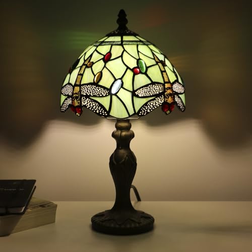 Tiffany Table Lamp Dragonfly Style Grass Green Stained Glass Accent Lamp Bronze Resin Base 8X8X14 Inch