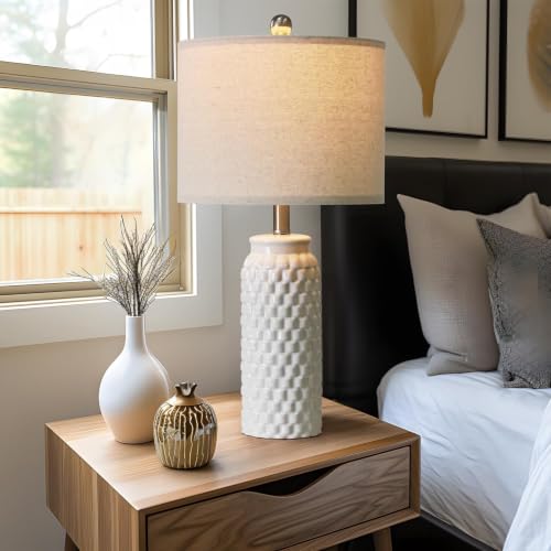 24" Modern Ceramic White Bedside Lamp Set of 2 Table Lamp for Bedroom Decor Farmhouse Table Lamp for Living Room Office Dorm (2 Count)
