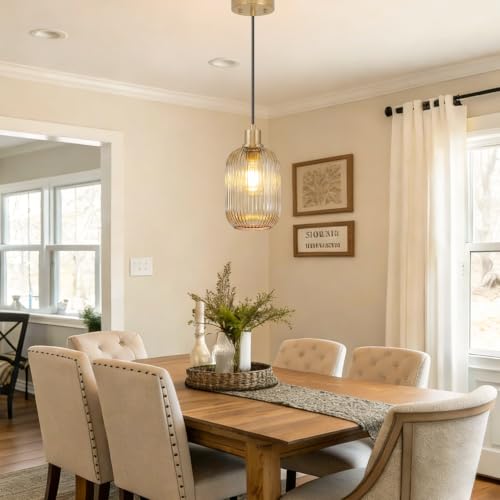 1 Pack Pendant Lights with Vintage Amber Ribbed Glass Lampshade