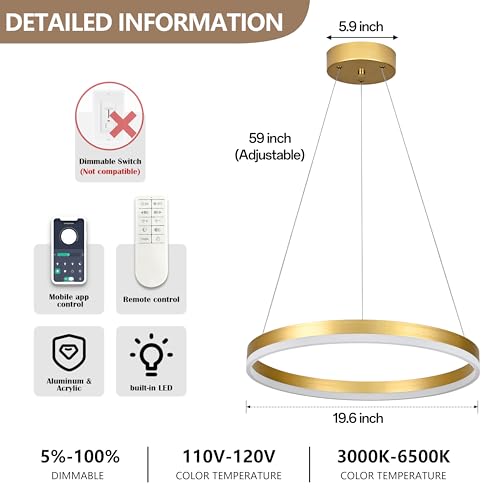 20" Modern Gold Led Chandelier Ring Dimmable LED Chandeliers with Remote Control for Kitchen Island Height Adjustable Chandelier Led Pendant Light for Living Room Dining Room Bedroom Foyer