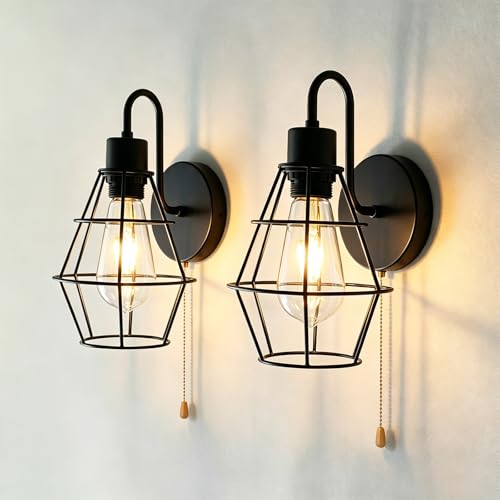 2 Pack Wire Cage Hardwire Wall Sconce with Pull Chain Switch (2 Count)