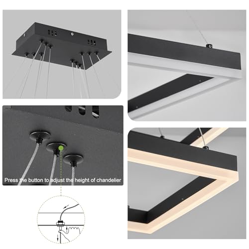 3 Rings Modern LED Chandelier Black 31.5inch Rectangle Dimmable LED Pendant Light with Remote Control 3 Tier Flush Mount High Ceiling Light for Dining Living Room Foyer