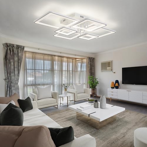 Modern LED Ceiling Lights for Bedroom Dimmable Modern 6 Ring Square Ceiling Lights for Living Room with Remote Control White Bedroom Ceiling Lamp Fixures for Kitchen