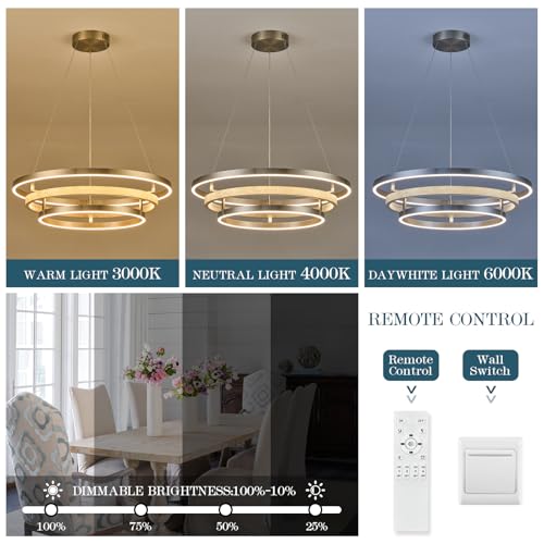 3 Ring LED Chandelier Modern Chandelier Weathered Wood Nickel Dimmable 24''