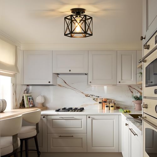 Black Modern Farmhouse Metal Semi Flush Mount Ceiling Light Fixture 9.5 in