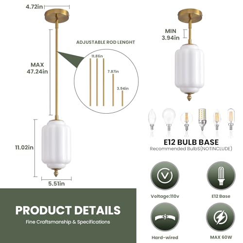 Vintage Milk Glass Pendant Lights 1 Pack 5.5 Inch Mid Century Brass Hanging Ceiling Light