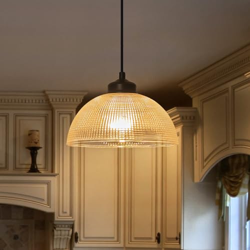 EDSILIVE Vintage Glid Glass Pendant Lights Kitchen Island 9.84" Barn Dome Clear Glass Hanging Ceiling Light Fixture with Black Finish for Dining Room Kitchen Table