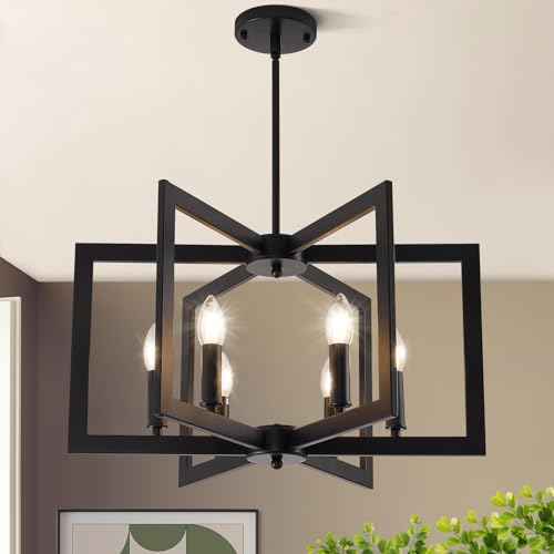 22" Black Chandelier for Dining Room, 6-Light Geometric Farmhouse Dining Room Fixture, Modern Foyer Lighting Fixtures, Industrial Hanging Pendant Lights for Kitchen Island, Living Room, Entryway