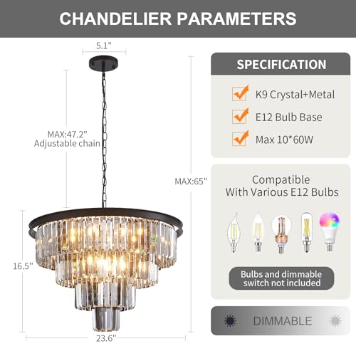24'' Smoke Gray Crystal Chandelier Black Modern Luxury Light Fixture for Dining Room 4