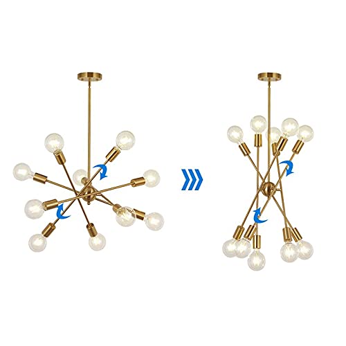 Modern 10 Light Sputnik Chandeliers Brushed Brass with Adjustable Arms Metal Kitchen Light Fixtures Gold Mid Century Pendant Lighting Vintage Industrial Ceiling Lights for Living Room