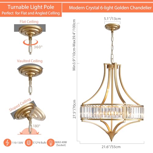 21.6" Gold Crystal Chandeliers Modern Vintage Chandelier with Round Metal Shade Art Deco 6 (6 Count)