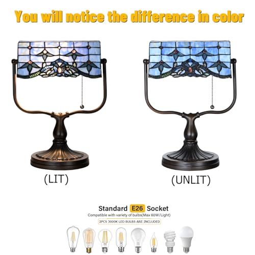 TL0031 Tiffany Banker Desk Lamp Stained Glass Blue Baroque Shade with Vintage Bronze Base W10.25 X OH13 Inch. Perfect for Piano Kitchen Beside Table