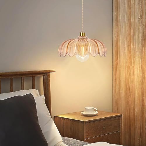 Plug in Pendant Light Hanging Lights with in Cord Mid Century Modern Gold Hanging Lamp Flower Glass Amber Vintage Dimmable Chandelier Ceiling Fixture for Living Room