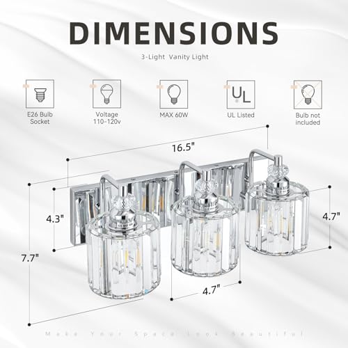 3 Light Modern Bathroom Light Fixture Chrome Bathroom Vanity Lights Over Mirror Wall Sconce Lighting with K9 Crystal Shades E26 Base for Bedroom