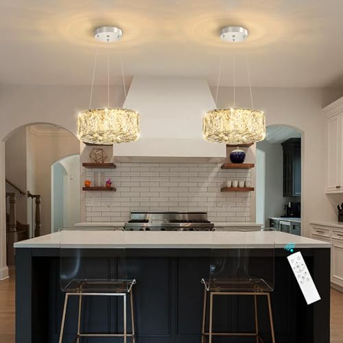 Modern Ring Crystal Chandelier Remote Dimmable Pendant Ceiling Light Fixtures for Living Room Kitchen Island Dining Room Silver