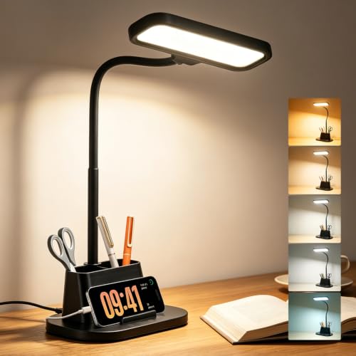 LED Desk Lamp for Dorm Small Desk Lamp with Pen Holder 5 Color Modes Black (Black)