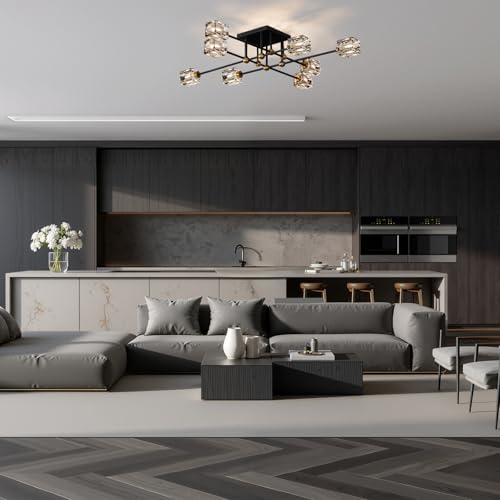 8 Light Crystal Ceiling Light Fixture Black and Gold Semi Flush Mount Ceiling Light Modern Chandeliers for Dining Room Kitchen Island Living Room Bedroom
