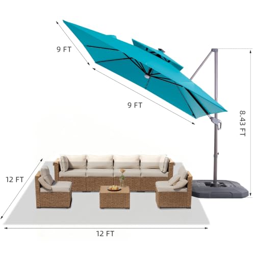 9x9 FT Cantilever Offset Patio Umbrella with Lights & Base