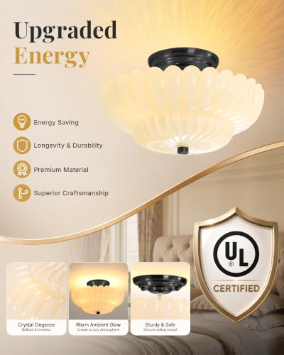 Semi Flush Mount Ceiling Light Fixture 11.8" Vinatge Black Ceiling Lights Mid Century Modern Milk White Glass Close to Ceiling Lighting Fixtures for Bedroom Hallway Foyer Bathroom Kitchen