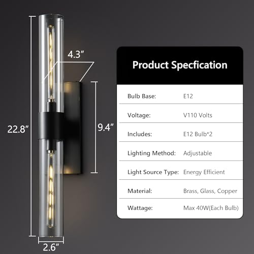 Bathroom Sconces Glass Sconces 22.8in Black Sconces Dimmable (2 Count)
