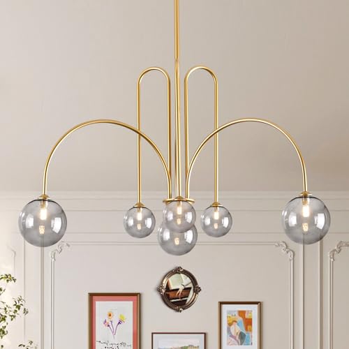 Modern 40" 6 Light Gold Sputnik Chandelier with Smoke Glass Globe