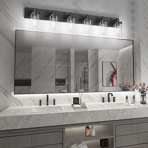 48in Vanity Light Black Bathroom Vanity Lighting Fixtures 6 Light Bathroom Light Fixtures with Clear Glass Shade
