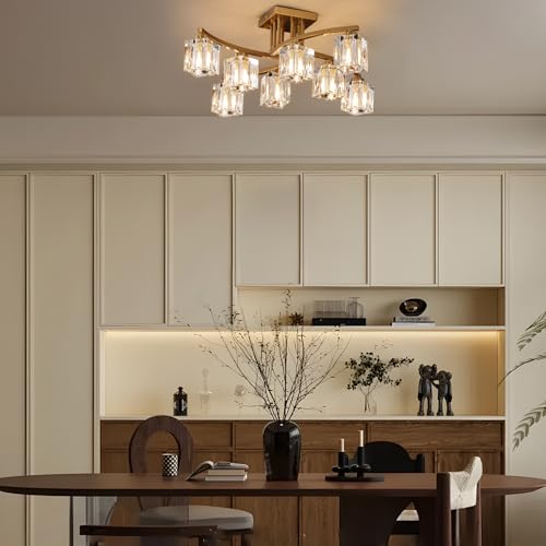 Modern Crystal Ceiling Light Fixture Gold Semi Flush Mount Ceiling Light with 8