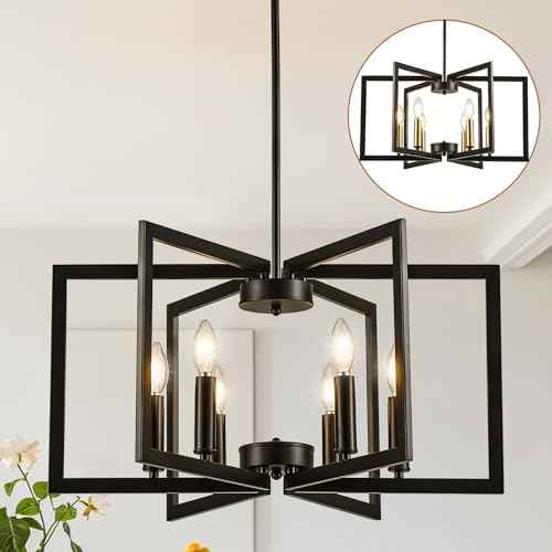 6-Light Black Chandelier for Dining Room Light Fixture Over Table Foyer Lighting Fixtures Modern Farmhouse Geometric Metal Hanging Industrial Chandeliers for Entryway Kitchen Hallway